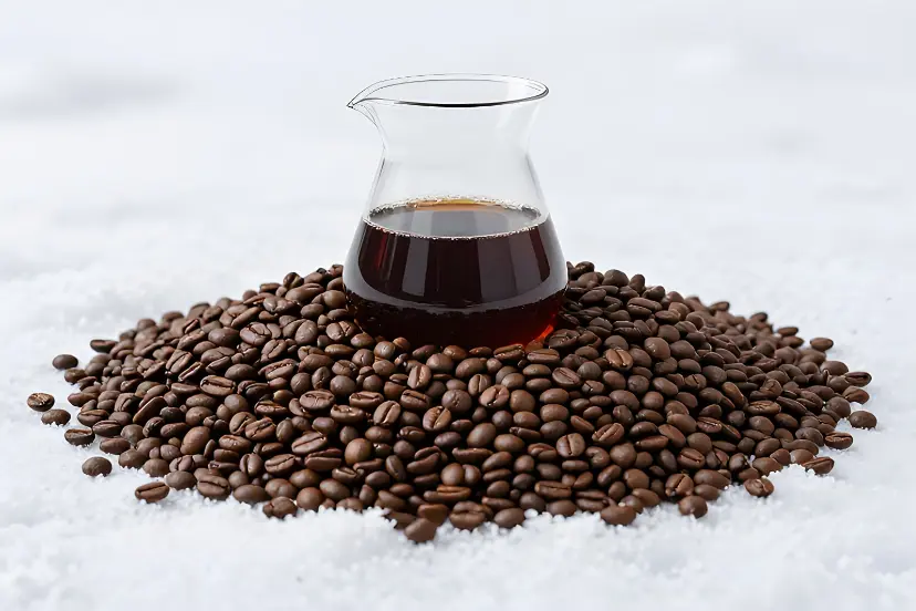 قهوه سرد (Cold Brew) در ظرف شیشه‌ای روی توده‌ای از دانه‌های قهوه و برف