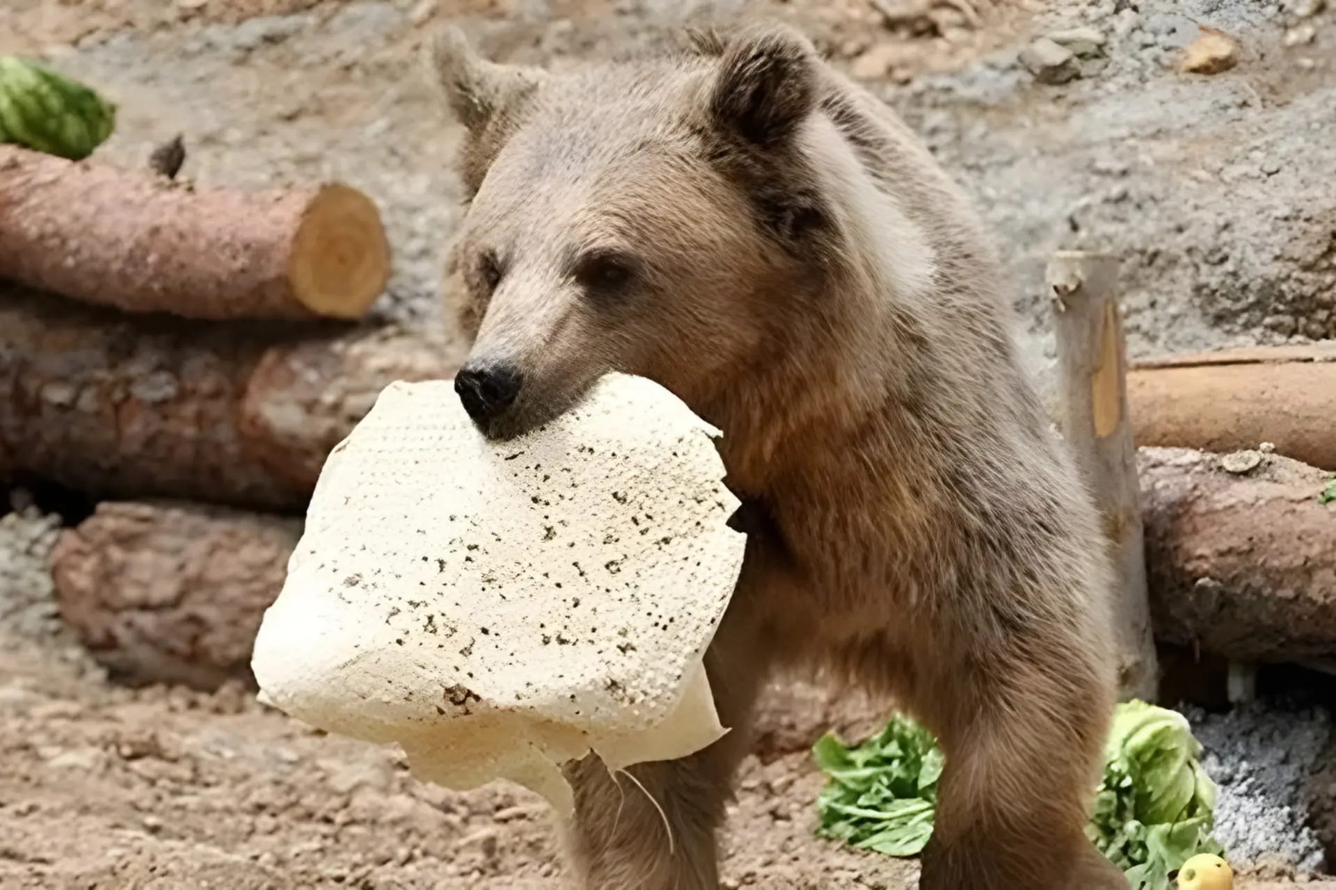 خرس قهوه‌ای (Brown Bear) در حال جویدن یک تکه مواد غذایی سفید رنگ
