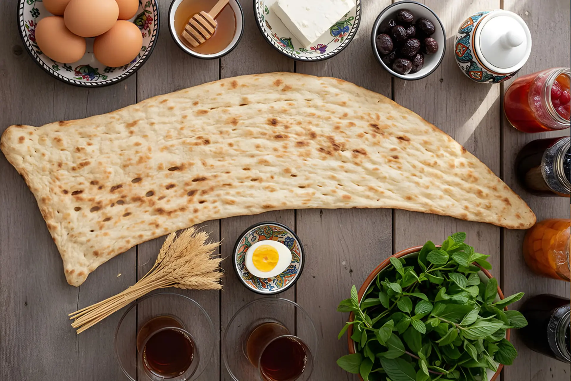 نان سنگک تازه در کنار تخم‌مرغ، پنیر، زیتون و سبزیجات روی میز