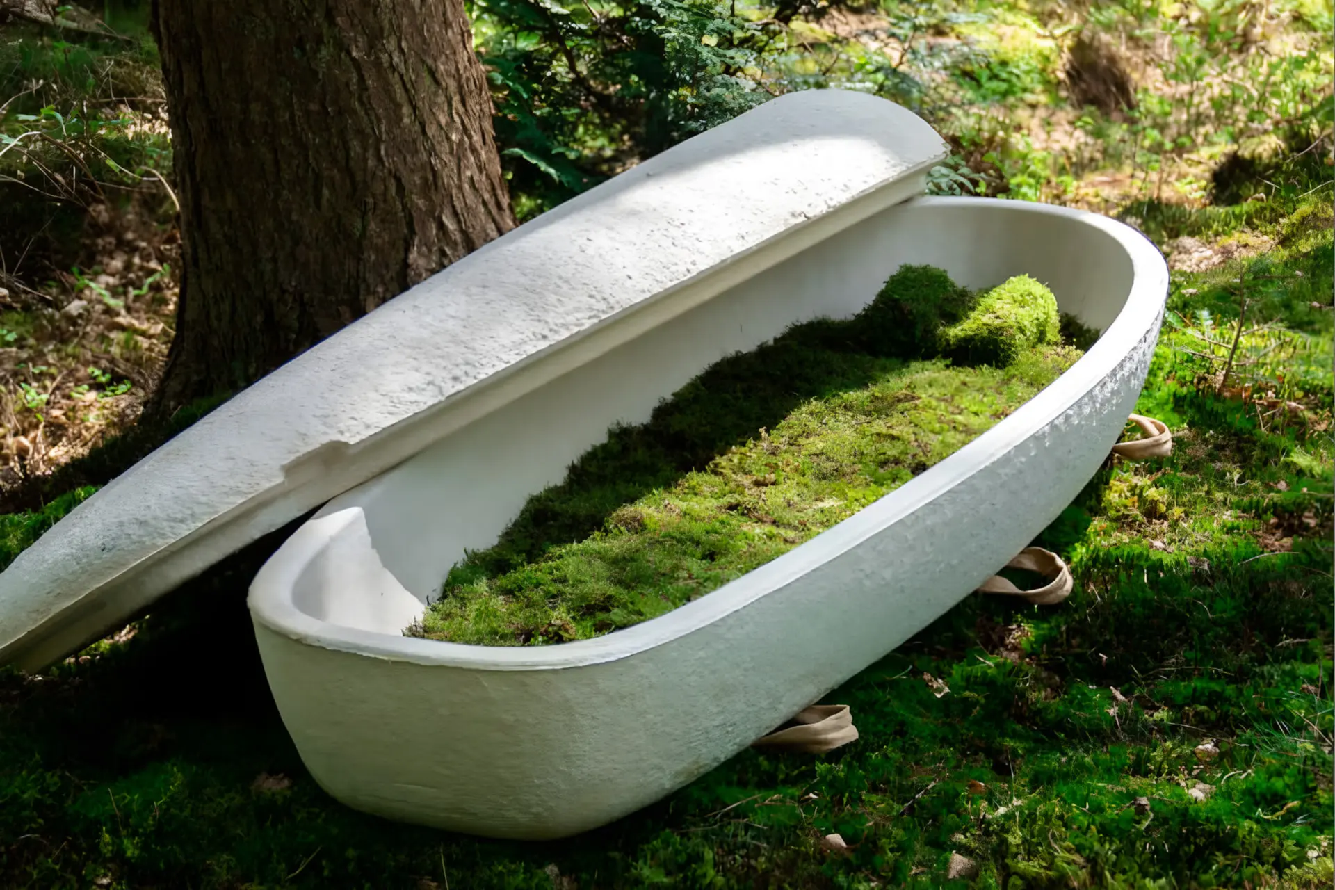تابوت قارچی (Mushroom Coffin) سفید رنگ پر شده از خزه‌های سبز در محیط جنگلی