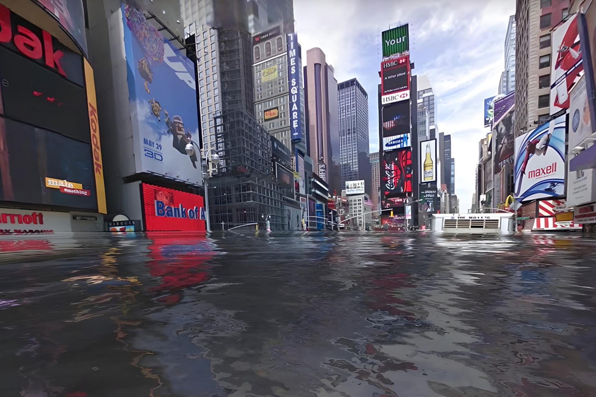 بلوار تایمز اسکوئر (Times Square) در نیویورک پوشیده از آب‌های سیل‌آسا