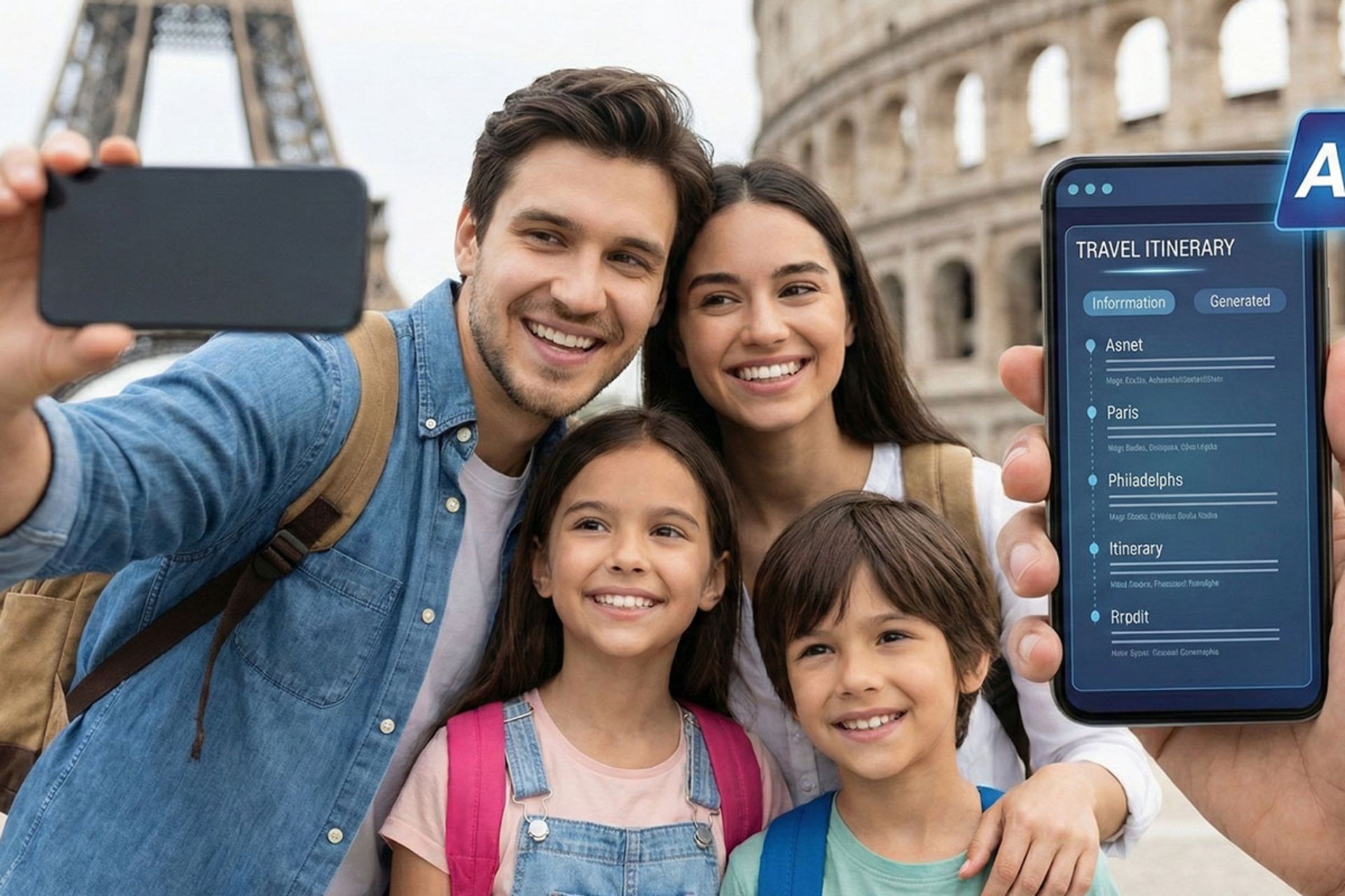 یک خانواده در حال سلفی گرفتن در برابر برج ایفل و با برنامه ریزی هوش مصنوعی