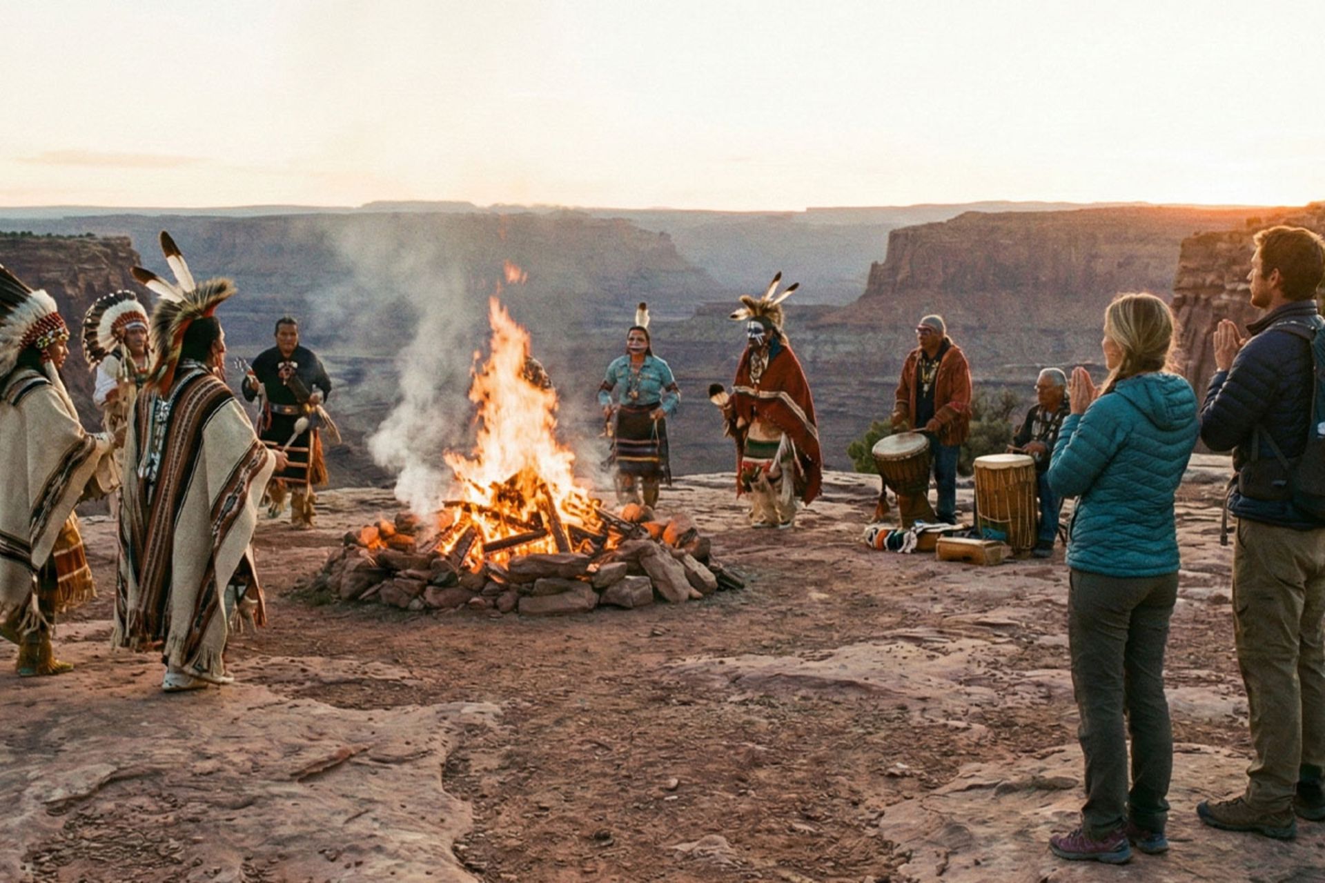 یک زن و مرد ایستاده با فاصله از یک گروه که در حال برگزاری مراسم دور آتش هستند