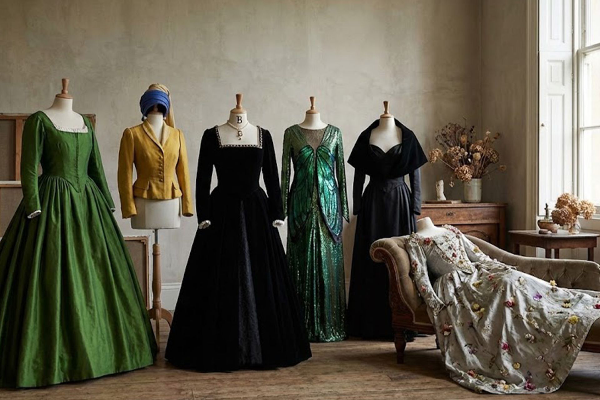 چیدمان چندین مانکن در یک اتاق با لباس‌های بازسازی شده از تابلوهای مشهور