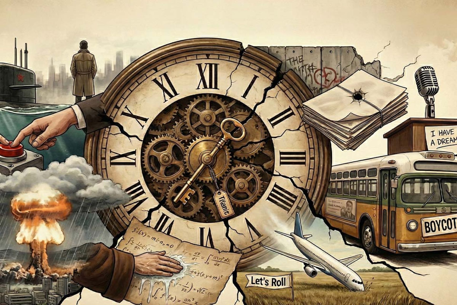 تصویرسازی کولاژ از نمادهای تاریخی مهم در اطراف یک ساعت بزرگ شکسته