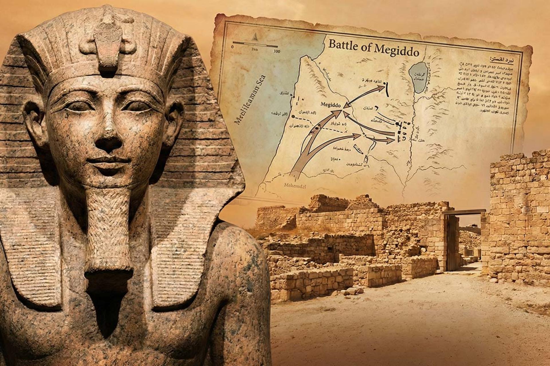 تصویر ترکیبی شامل چهره سنگی فرعون، یک نقشه جنگی قدیمی و بقایای دیوارهای سنگی باستانی