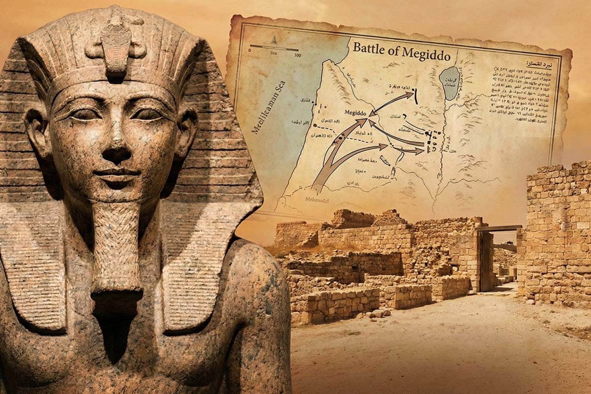 تصویر ترکیبی شامل چهره سنگی فرعون، یک نقشه جنگی قدیمی و بقایای دیوارهای سنگی باستانی