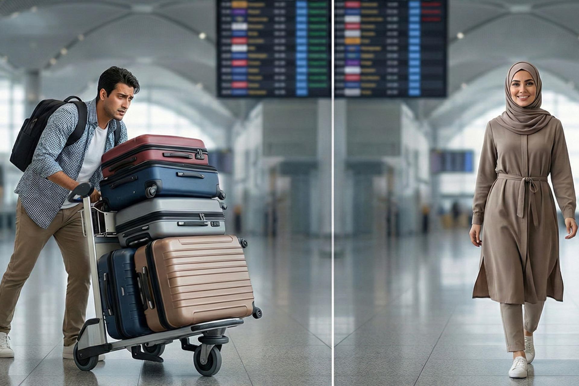 زنی که خوشحال و بدون بار سفر می‌کند و مردی که خسته و با وسایل زیادی سفر می‌رود