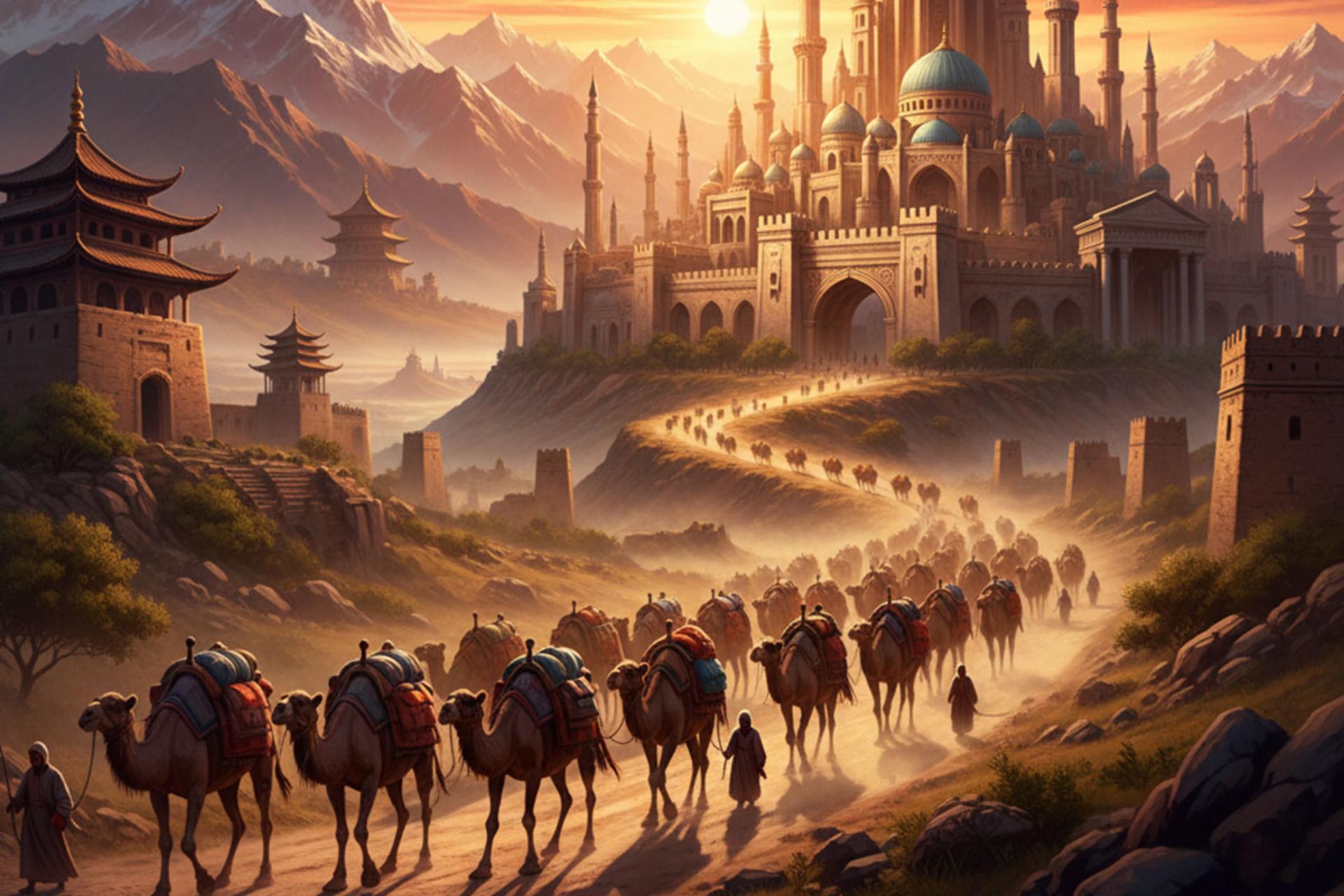 تصویری از یک کاروان طولانی شتر در جاده‌ای کوهستانی