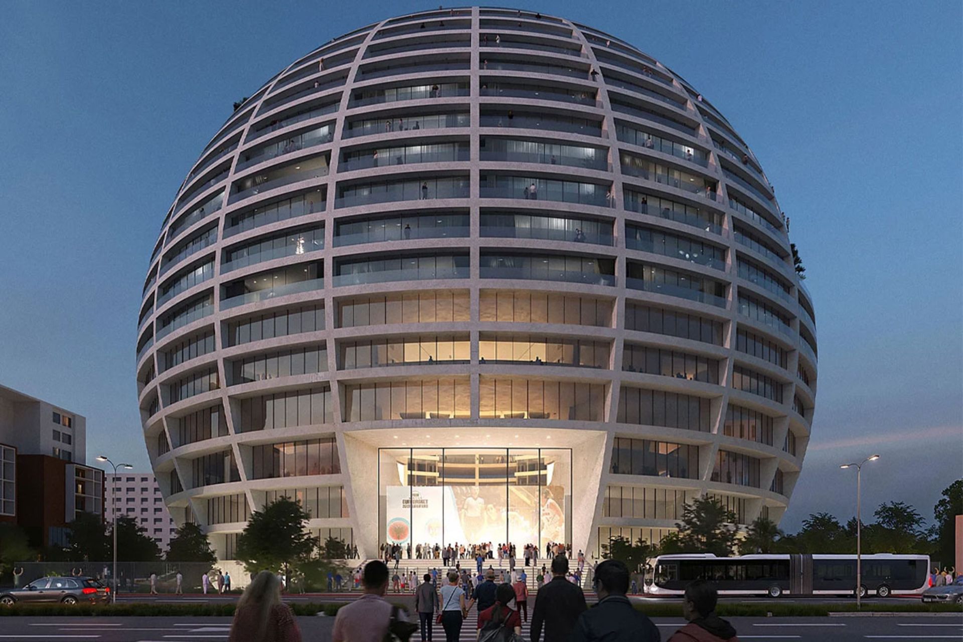 کره درخشان آلبانی؛ نمای ورودی شبانه