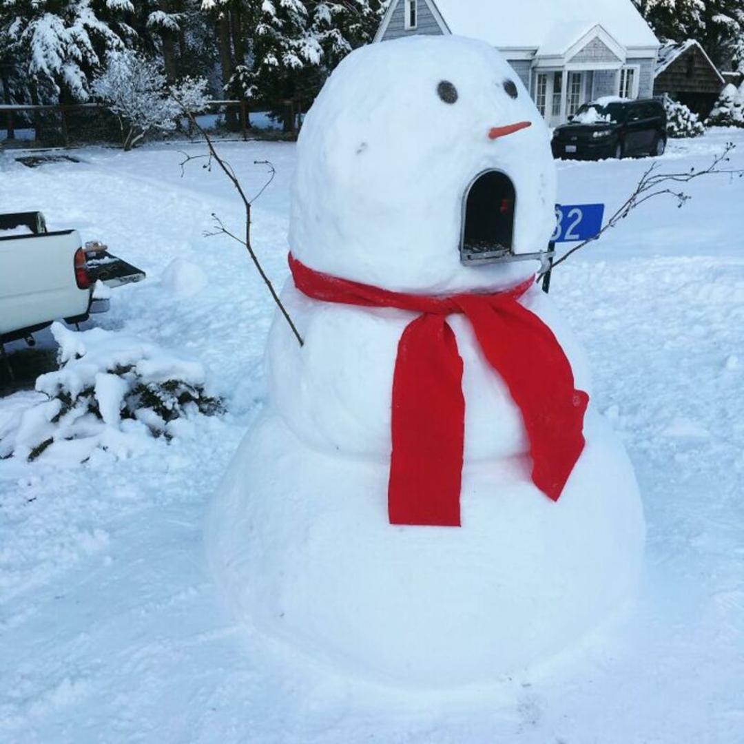 آدم‌برفی (Snowman) با شال قرمز در حیاط پوشیده از برف