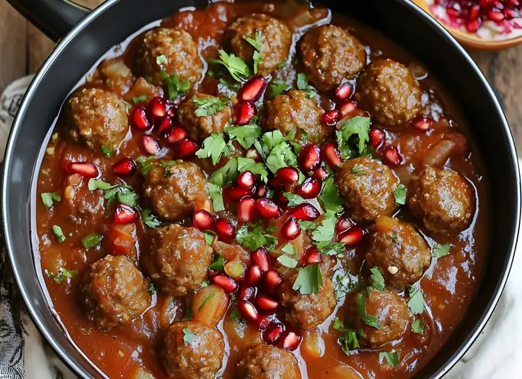 خورش داوود پاشا شامل گلوله‌های گوشت قلقلی در سس رب انار و دانه‌های انار