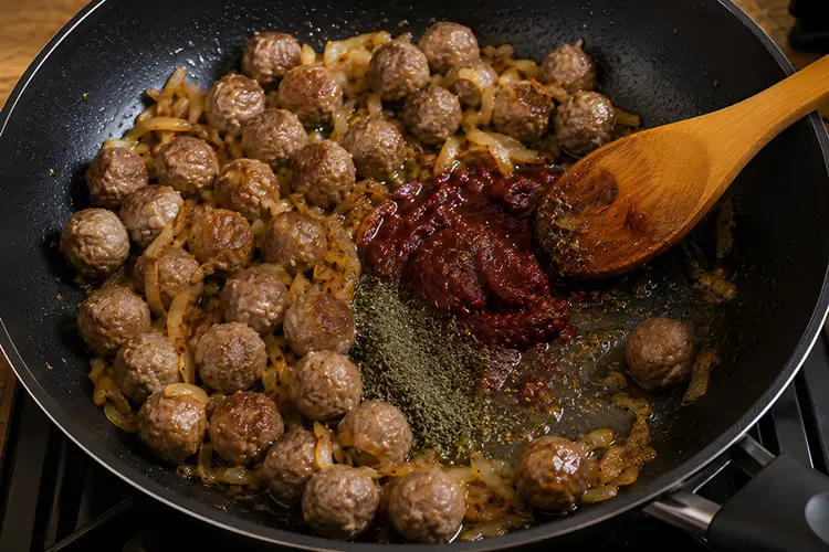 گوشت‌های قلقلی و پیاز سرخ‌شده در تابه همراه با رب انار
