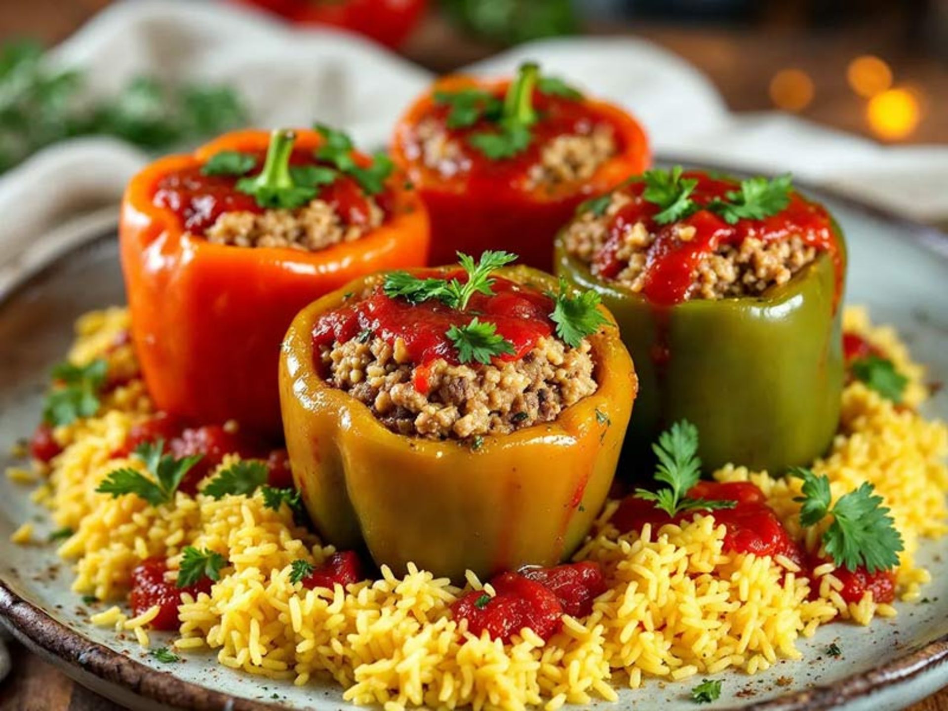 چهار عدد دلمه فلفل دلمه‌ای رنگی پر شده با گوشت و برنج، تزیین شده با سس قرمز و جعفری