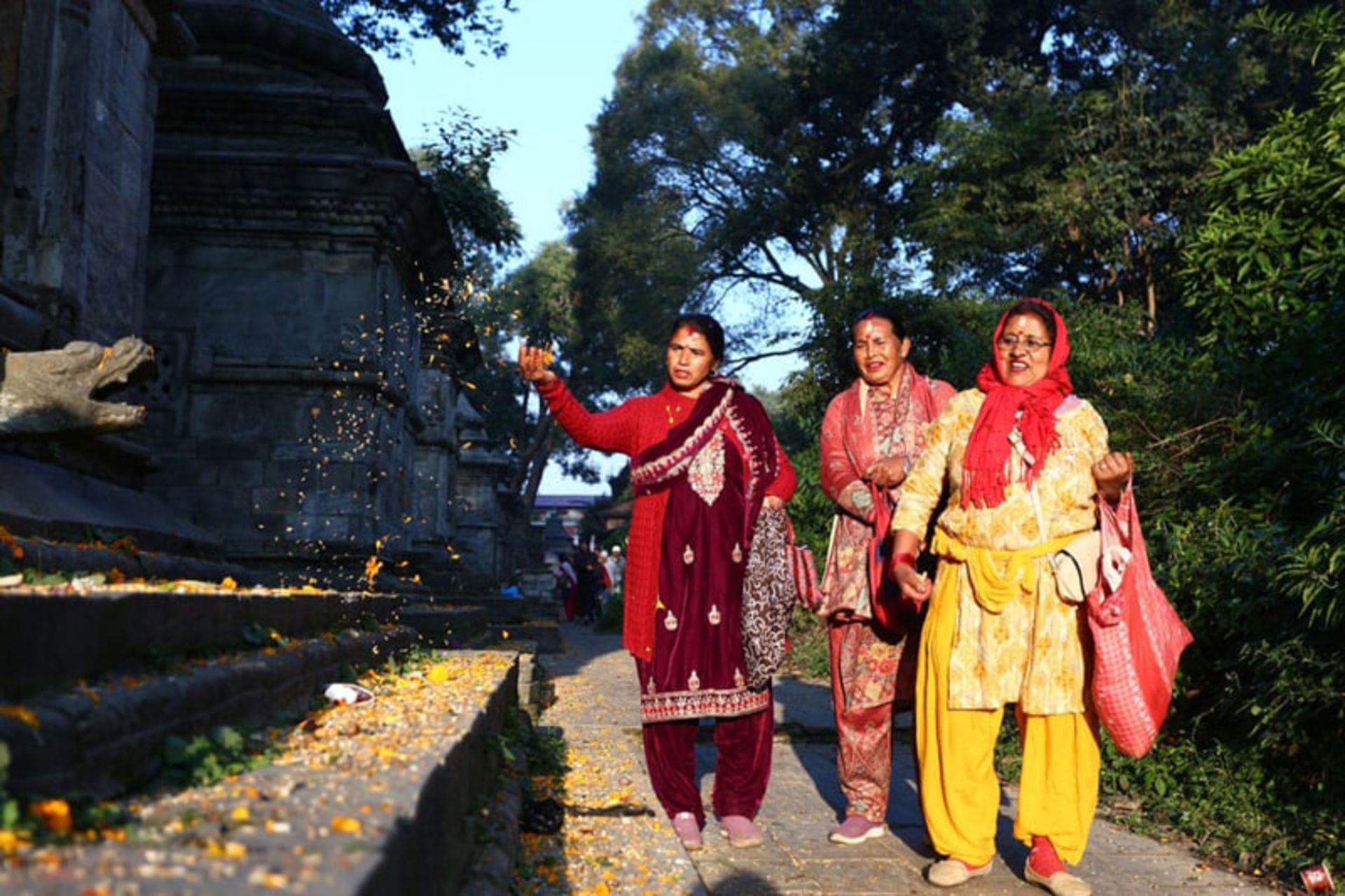 پخش دانه‌های مقدس سَت‌بیج توسط فدائیان هندو در معبدی در نپال برای بزرگداشت عزیزان درگذشته