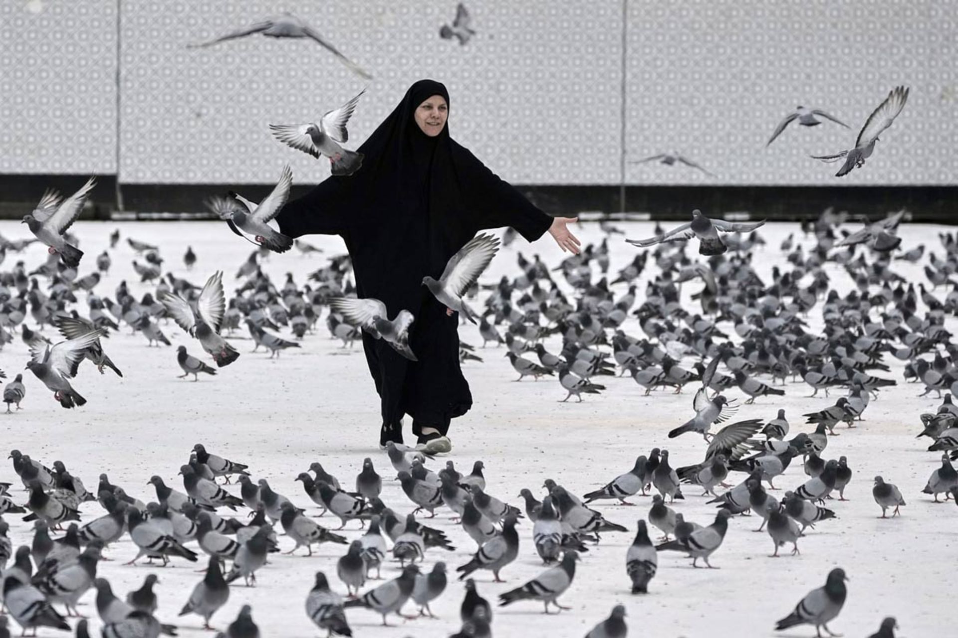 بازی زن مسلمان با کبوتران در مکه