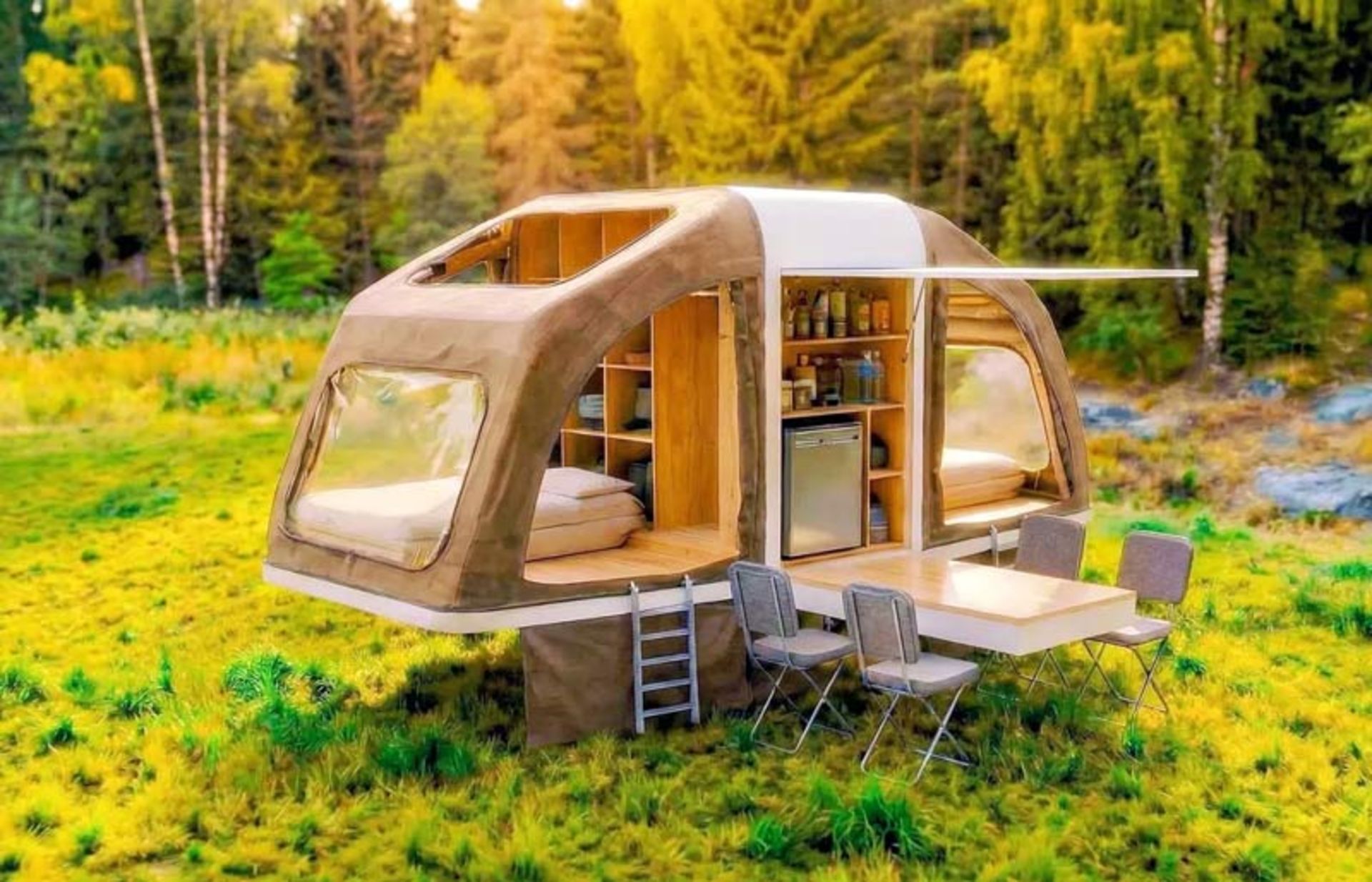 نمای نزدیک از بخش داخلی وینگ‌کیوب باز شده با چیدمان منظم قفسه‌ها، یخچال و تخت‌خواب‌