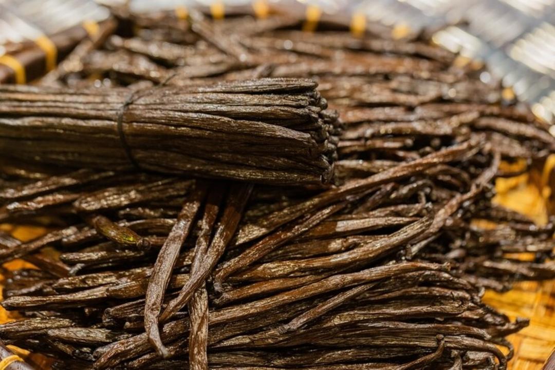 خلال وانیل (Vanilla) سیاه و خشک شده در سبد چوبی