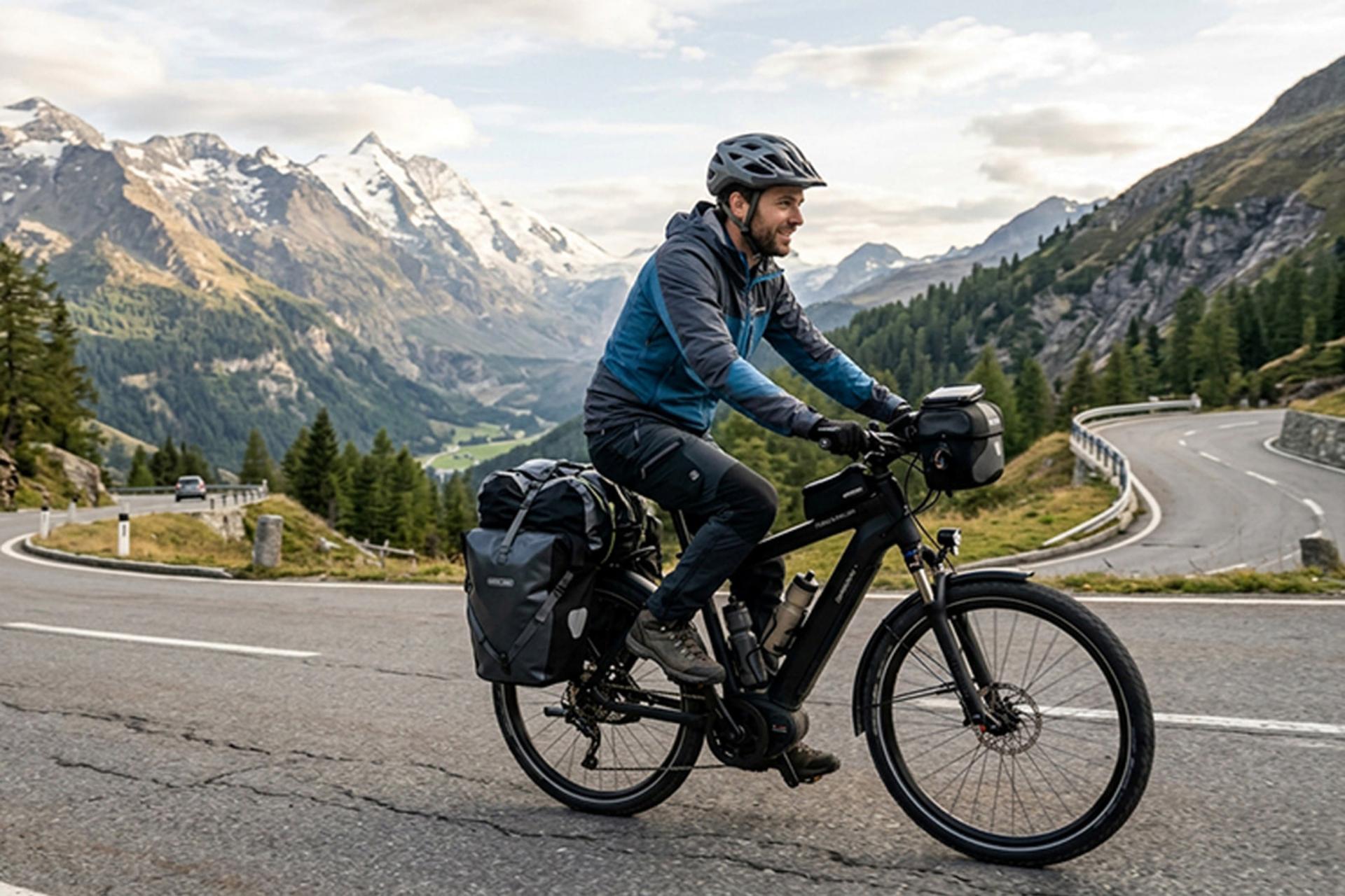 دوچرخه‌سوار با دوچرخه برقی (Electric Bike) مجهز به کیف‌های مسافرتی در جاده کوهستانی
