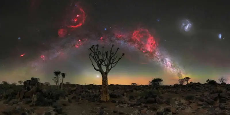 آسمان درخشان شب در منظره ای بیابانی