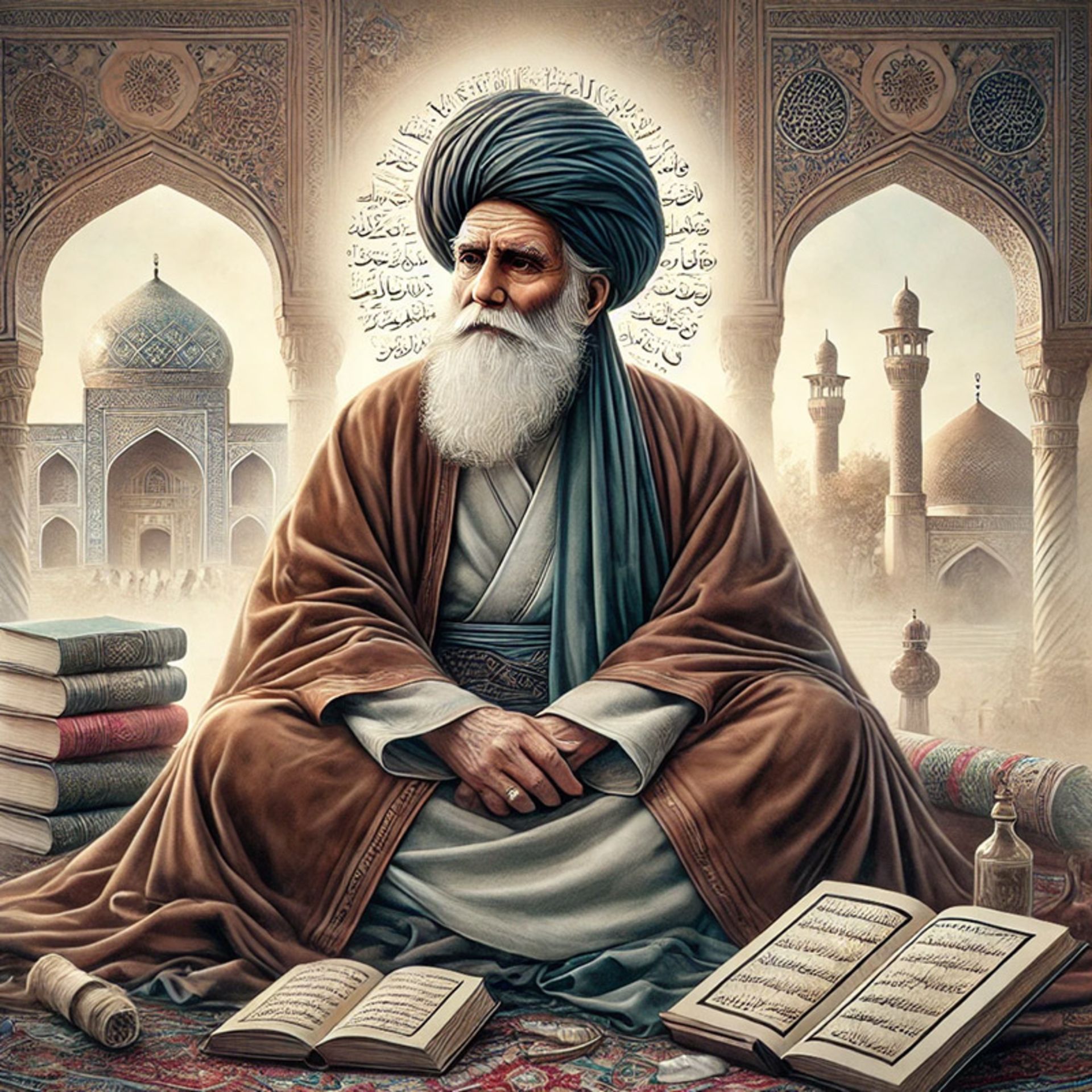 تصویری از خواجه عبدالله انصاری در کنار آثارش