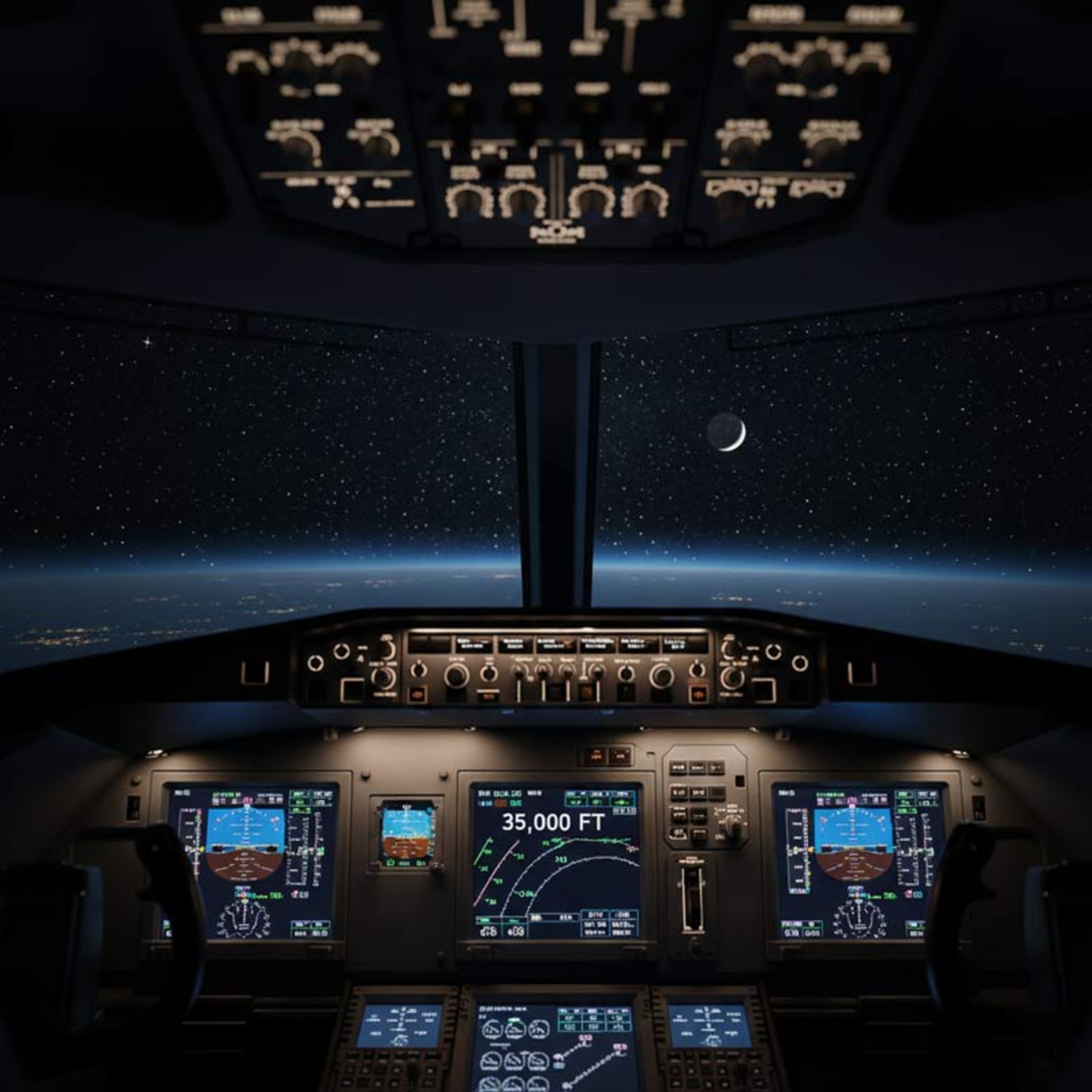 نمای داخلی پنل کنترل و نمایشگرهای دیجیتال کابین خلبان هواپیما در شب با نوشته 35,000FT