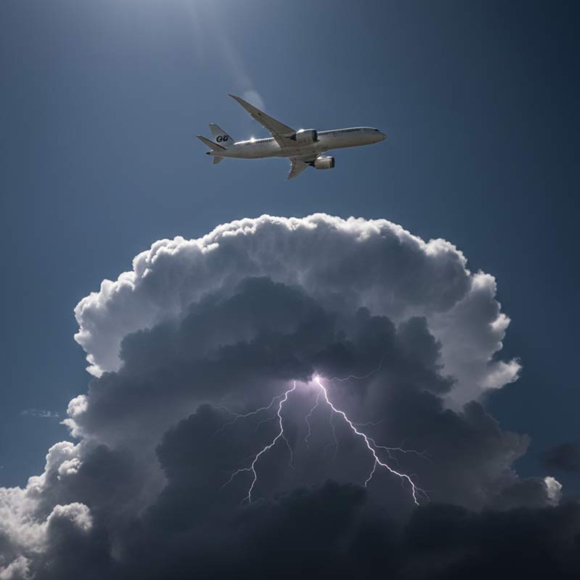 تصویر مستندگونه از یک هواپیمای مسافربری در حال پرواز در آسمان صاف و آفتابی بالای ابر طوفانی