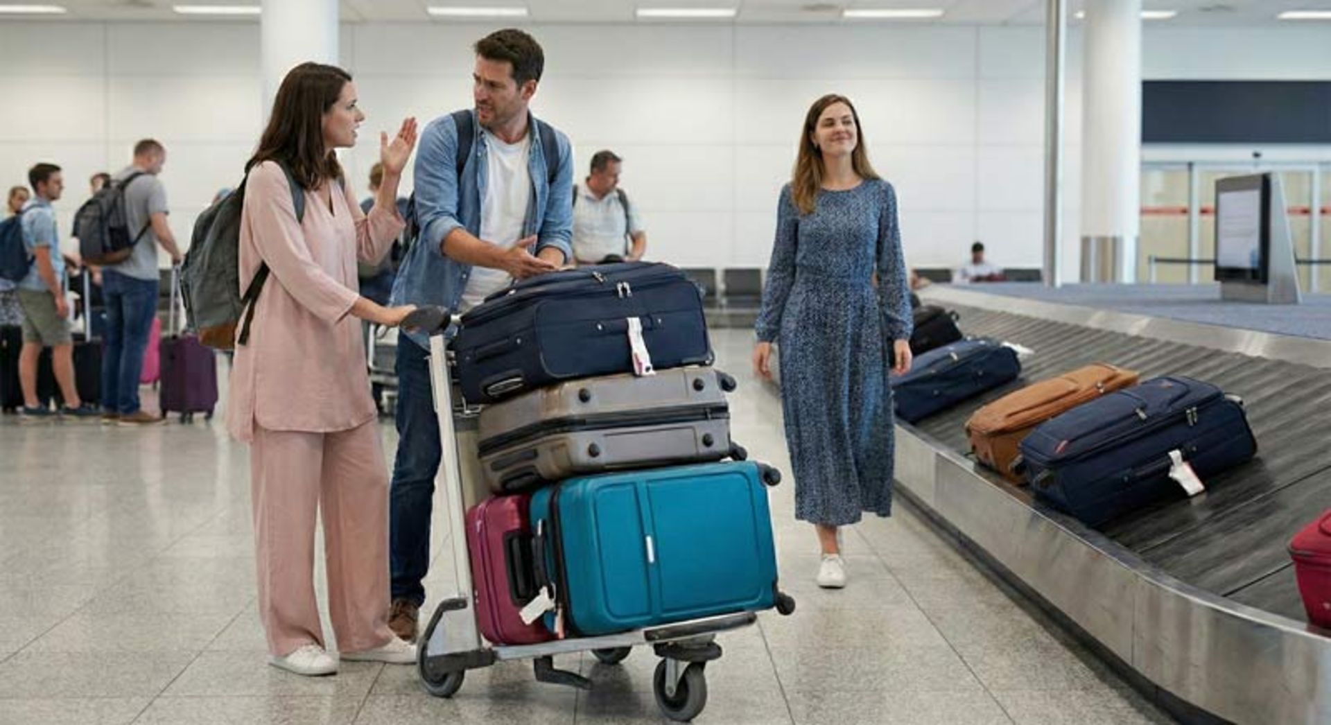 زن و مردی که با چمدان زیاد کنار تسمه تحویل بار هستند و زنی که سبک سفر کرده