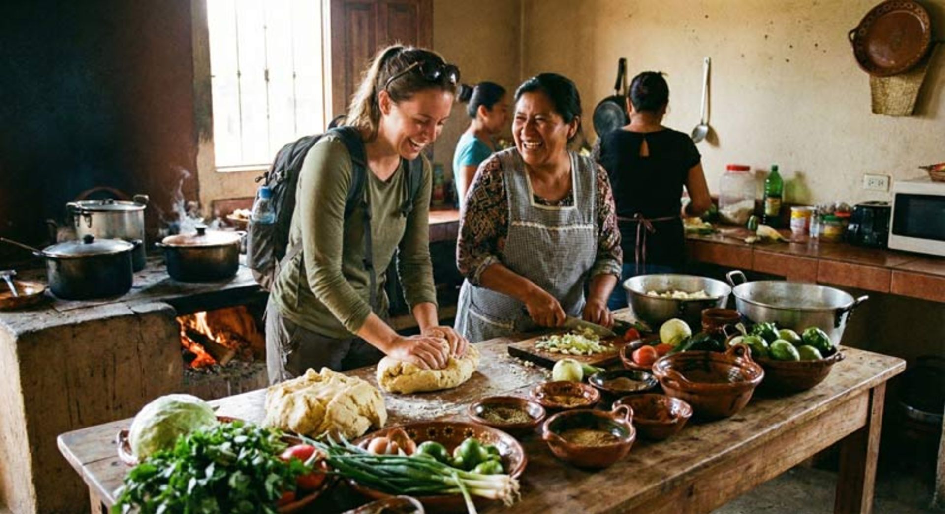 دو زن با خنده در حال آشپزی در یک آشپزخانه سنتی