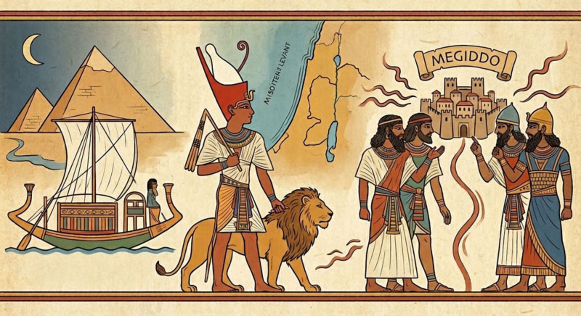 نقاشی گرافیکی که در سمت چپ فرعون و اهرام مصر، و در سمت راست پادشاهان دشمن و قلعه مگیدو