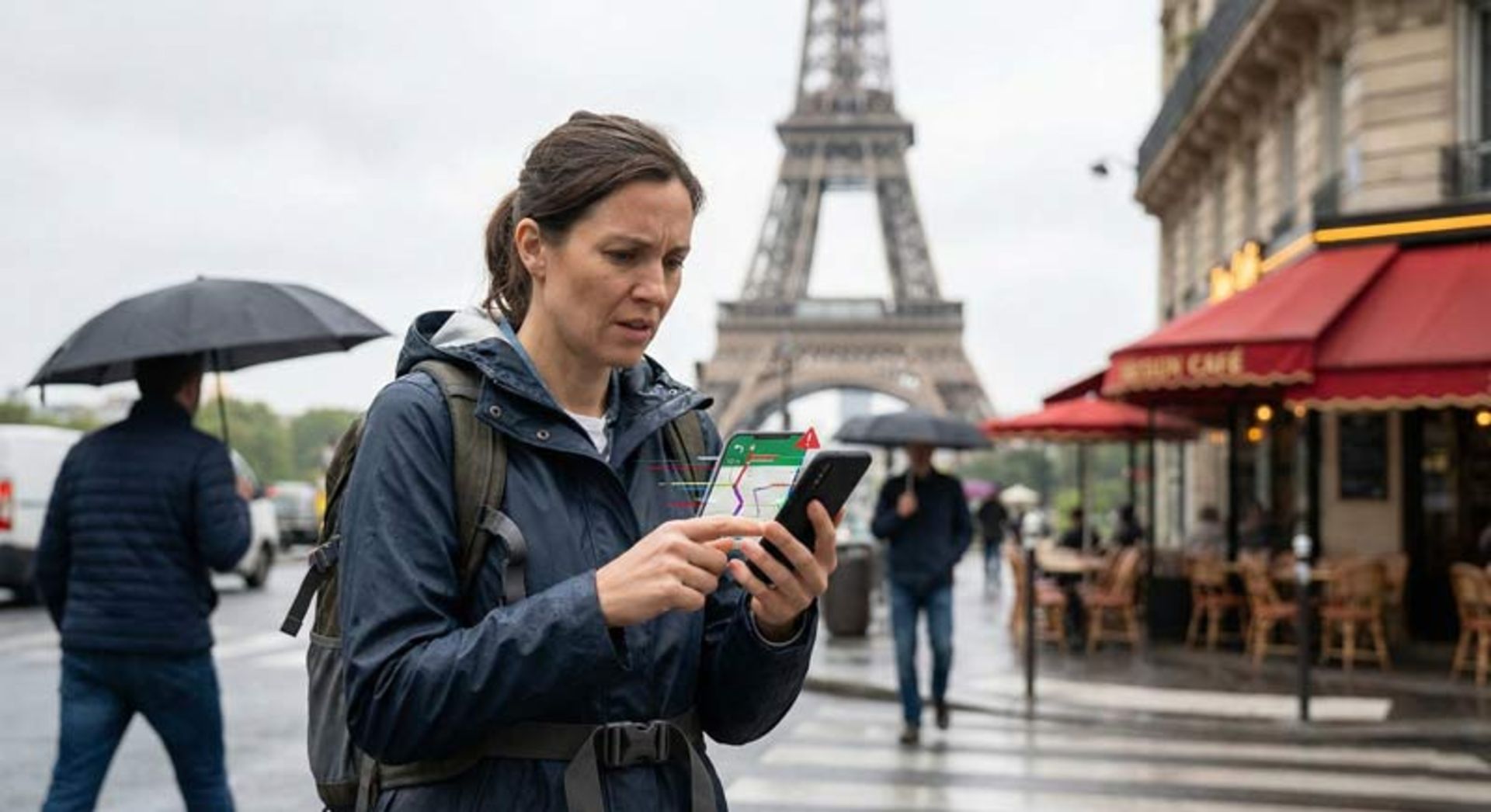 مسافری با کوله‌پشتی در هوای بارانی پاریس با حالتی نگران و سردرگم