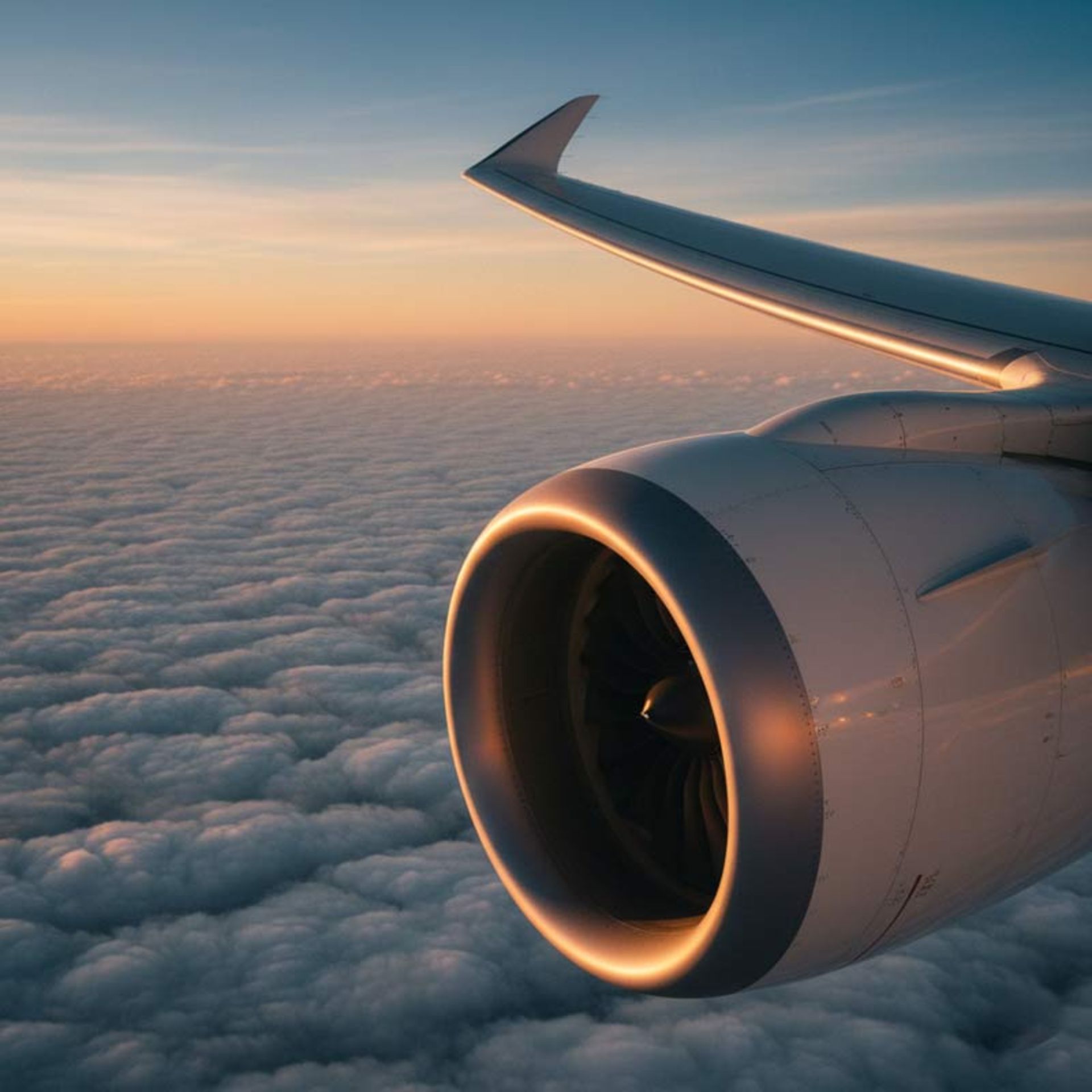 نمای نزدیک از موتور جت بزرگ و بخشی از بال هواپیما در ارتفاع بالا هنگام غروب