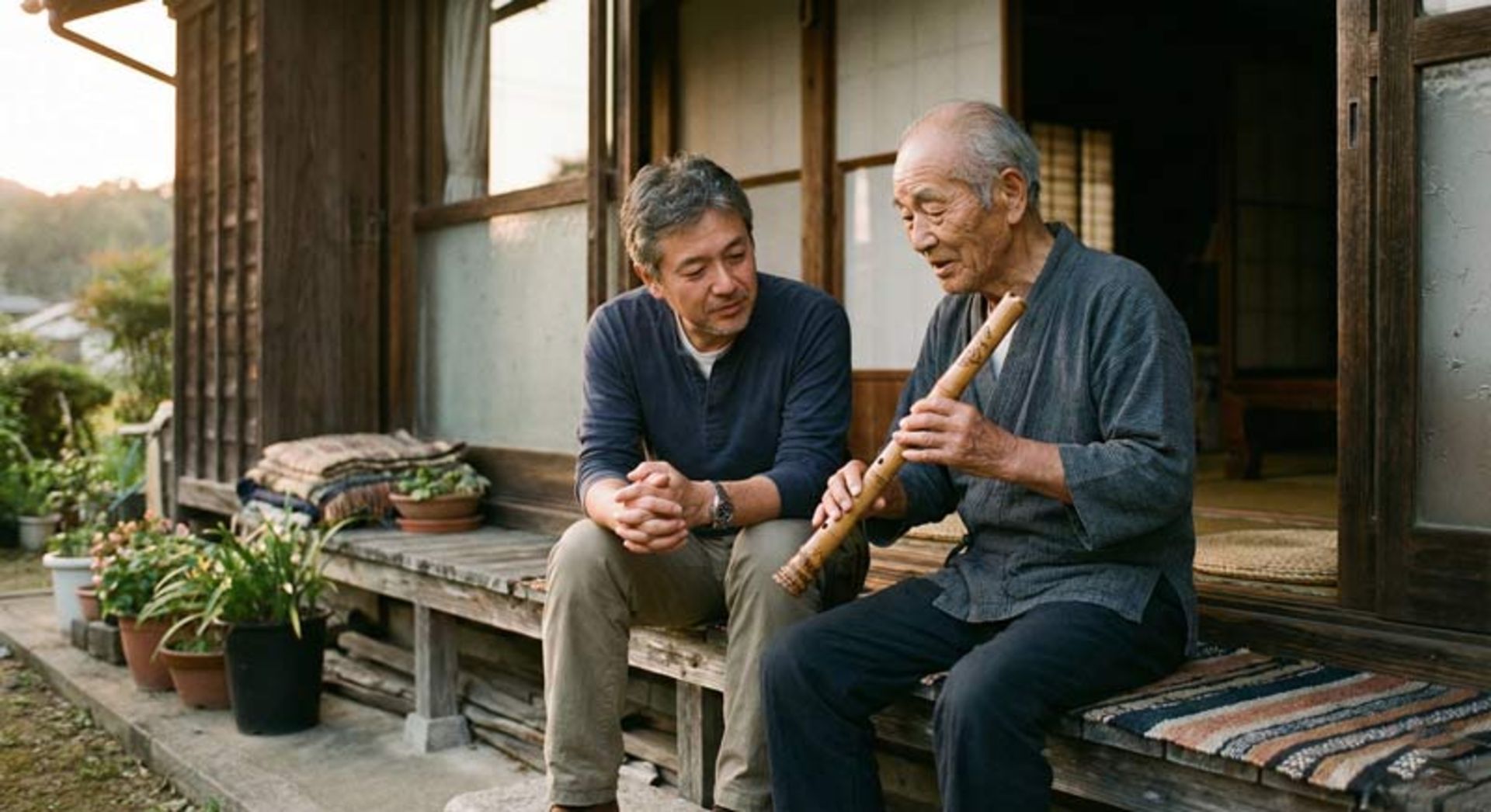دو مرد روی ایوان یک خانه سنتی ژاپنی 