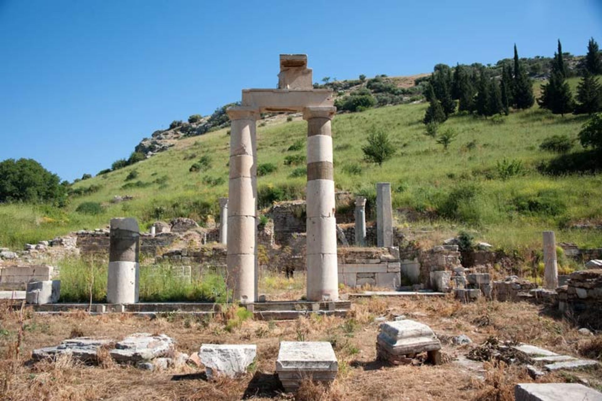 دو ستون برافراشته و درگاه سنگی در میان ویرانه‌های باستانی و طبیعت سبز افسوس