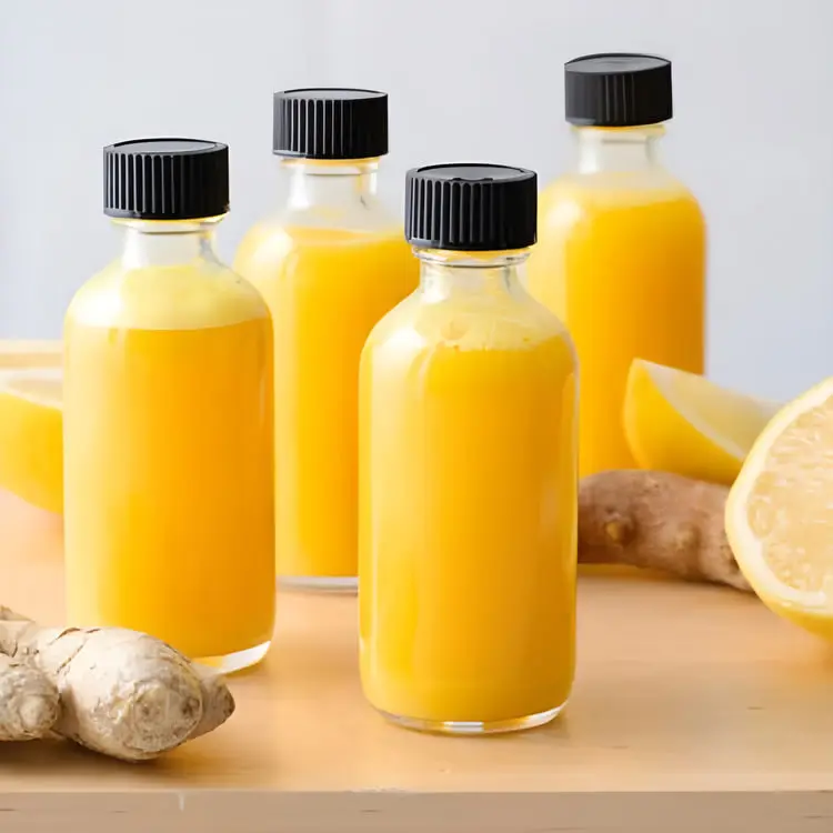 شات زنجبیل (Ginger Shot) زرد رنگ در بطری‌های شیشه‌ای کوچک در کنار تکه‌های زنجبیل و لیمو