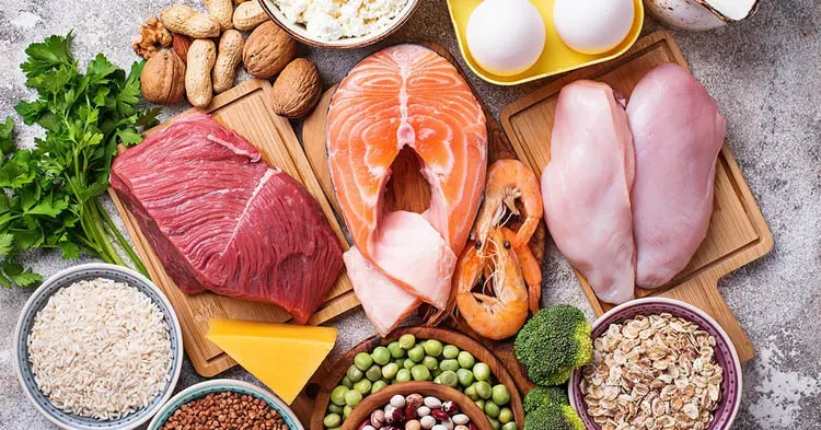 انواع پروتئین شامل ماهی سالمون (Salmon)، گوشت قرمز، مرغ، تخم‌مرغ و حبوبات