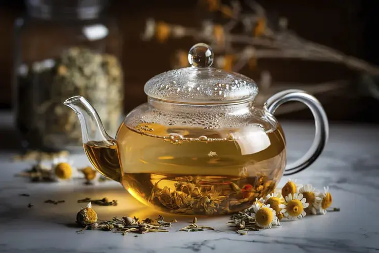 چای گیاهی در قوری شیشه‌ای همراه با گل‌های بابونق (Chamomile) روی میز