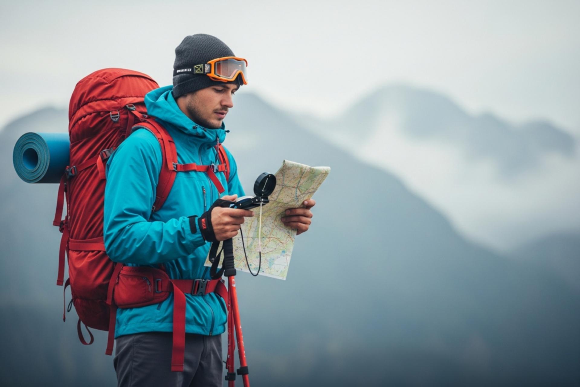 کوهنورد در حال مسیریابی با نقشه و قطب‌نما در طبیعت