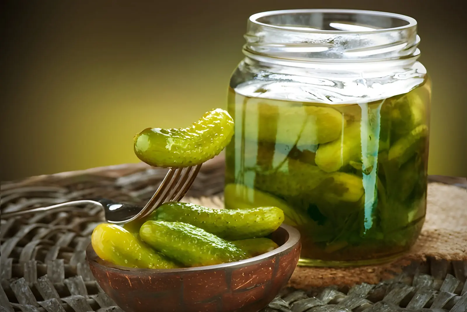 خیارشور خانگی ترد در ظرف شیشه‌ای و کاسه کوچک