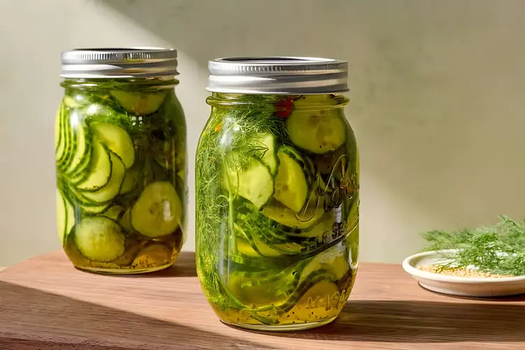 خیارشور خانگی در دو ظرف شیشه‌ای درب‌دار همراه با ادویه