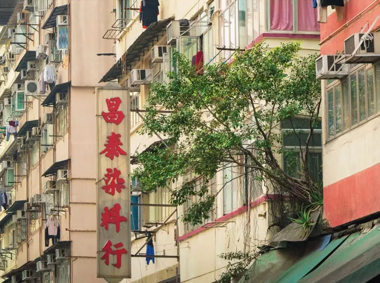 ساختمان‌های قدیمی و متراکم هنگ کنگ (Hong Kong) با پوشش گیاهی روی بالکن‌ها