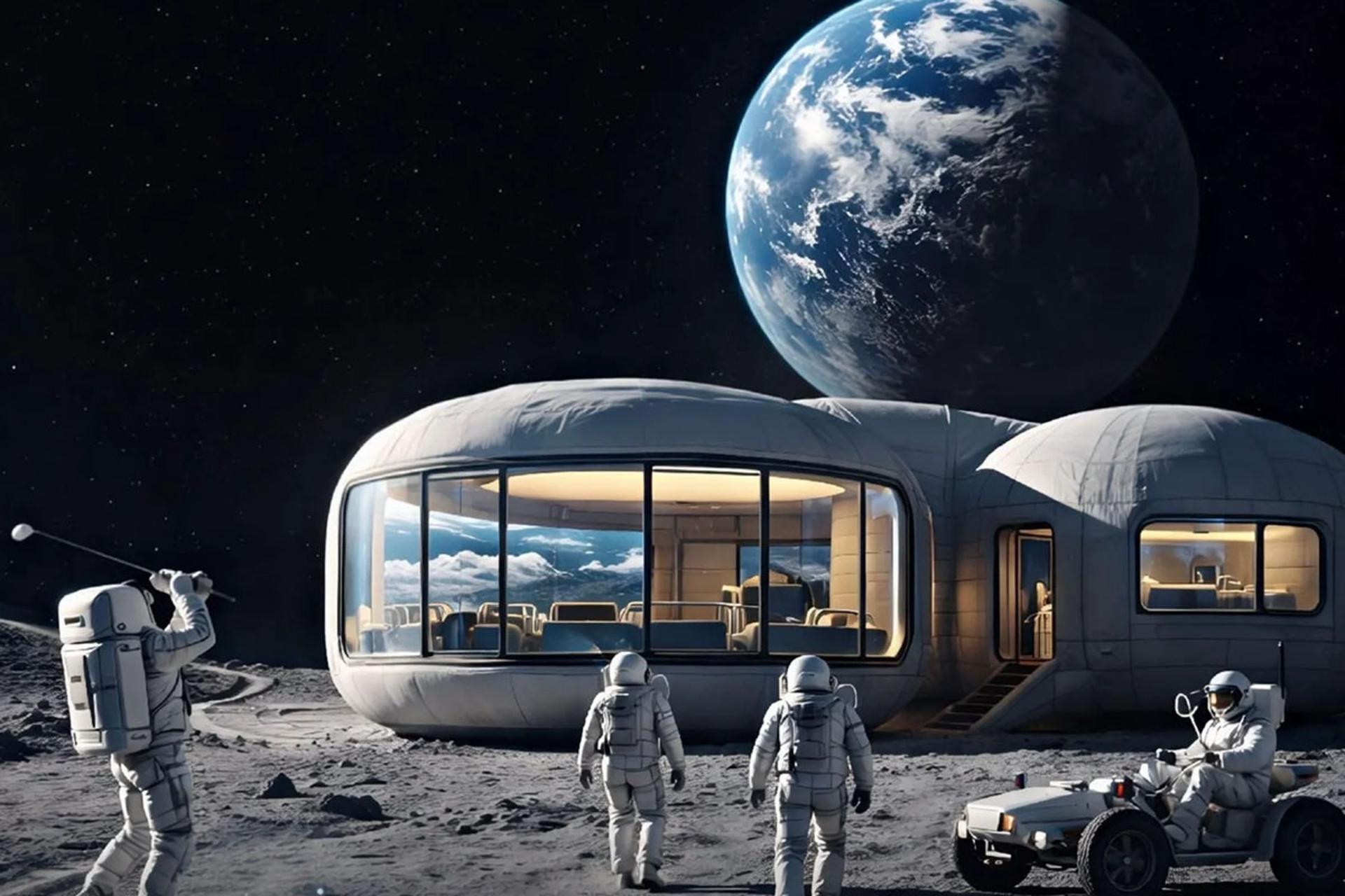 چند فضانورد در حال رفتن به سمت اقامتگاهی در ماه