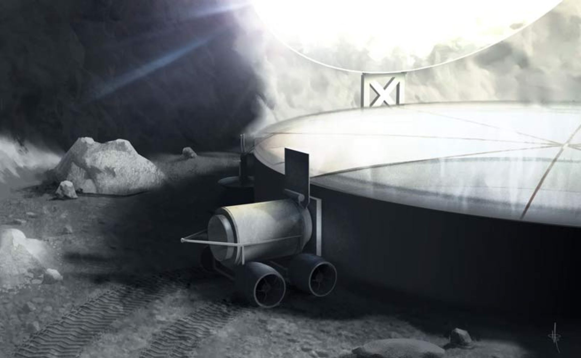 تصویر شبیه‌سازی شده از یک پایگاه استخراج یخ و منابع در سطح کره ماه