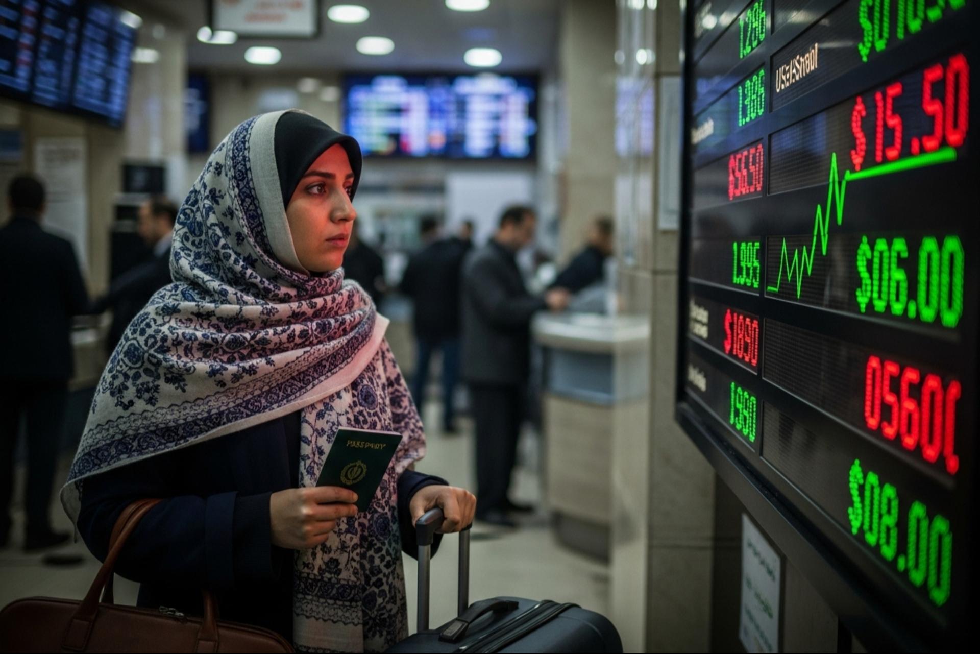 مسافر نگران در صرافی کنار تابلوی نرخ ارز