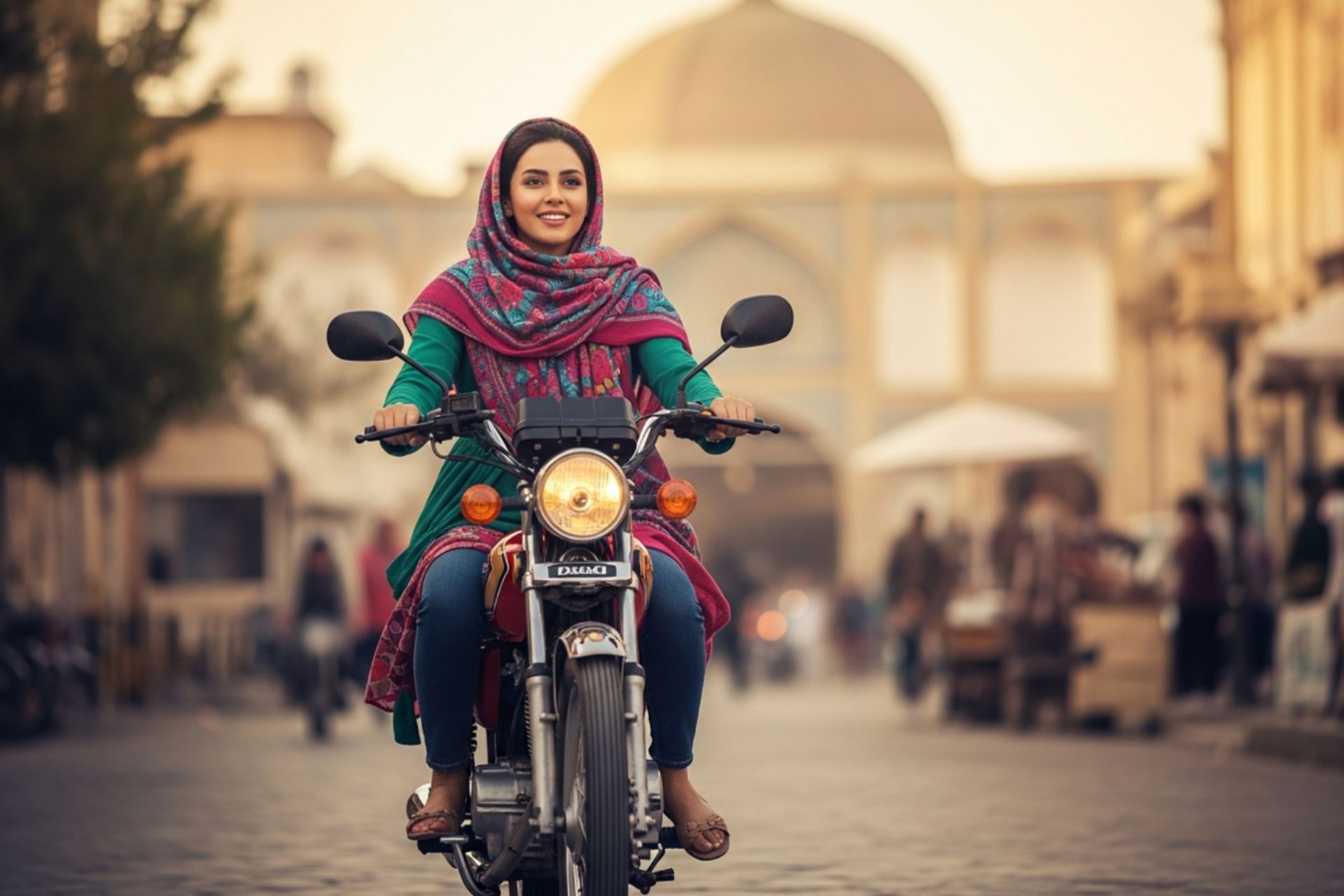 زن موتورسوار ایرانی در حال رانندگی در شهر