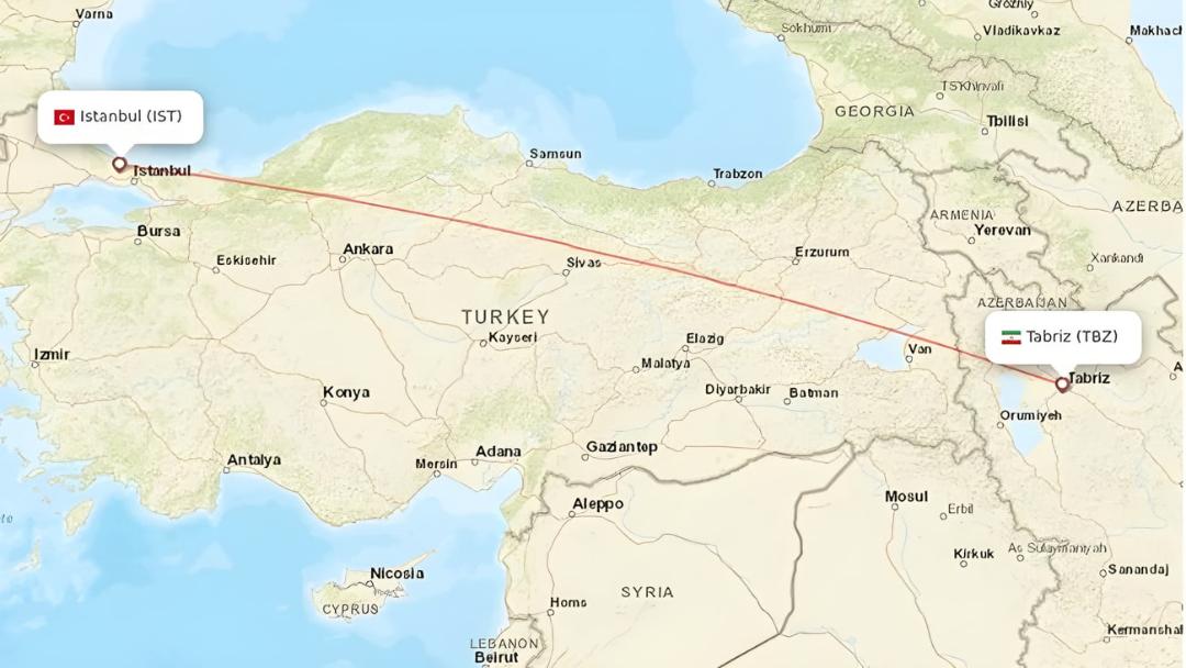 نقشه پرواز مستقیم از استانبول (Istanbul) به تبریز (Tabriz) در ترکیه
