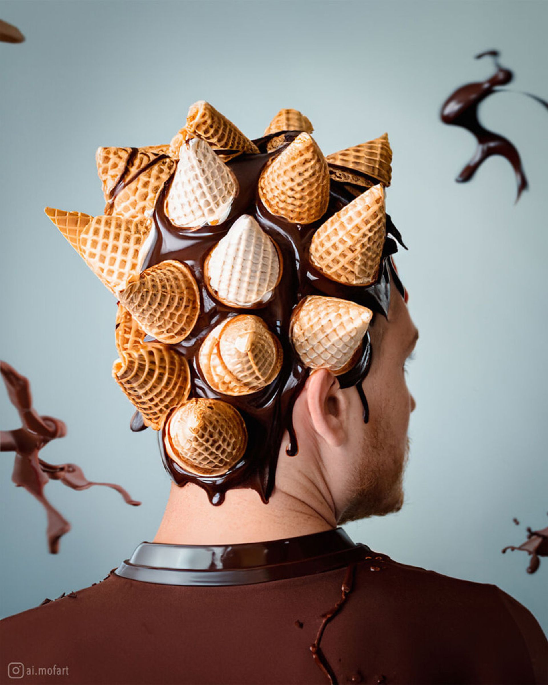 مردی با بستنی قیفی شکلاتی بر سر