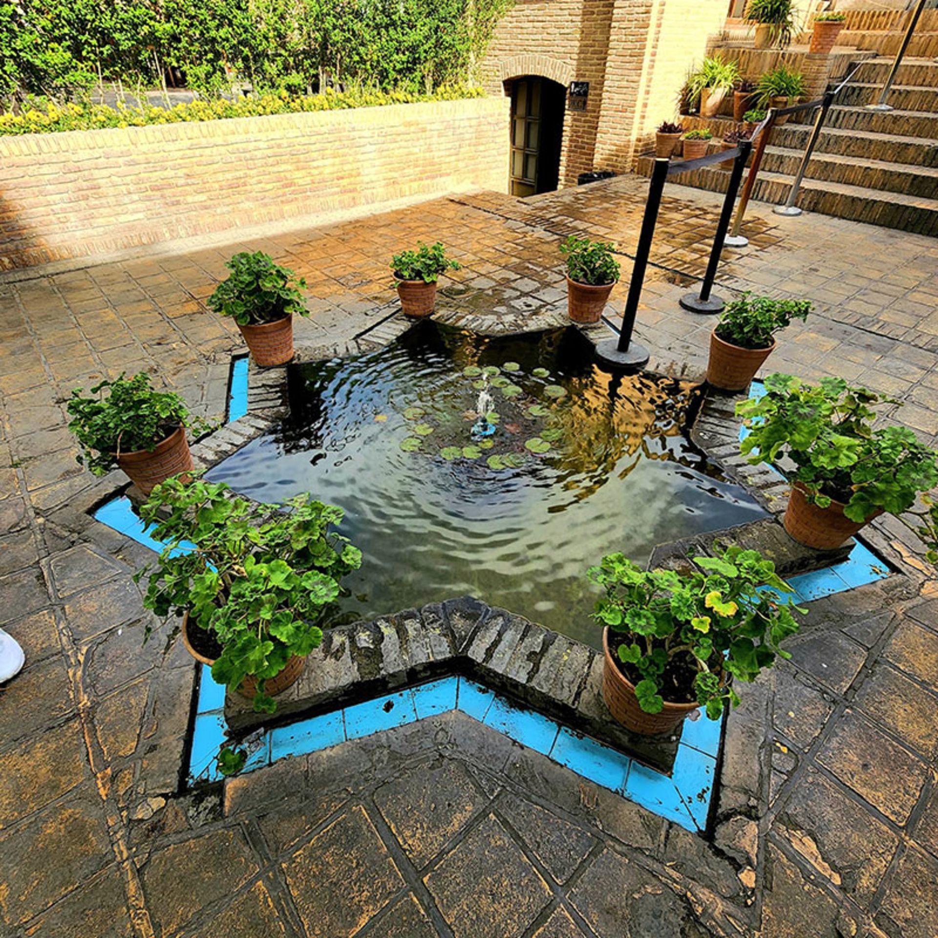 حوض ستاره ای با گلدان های گل در باغ نگارستان