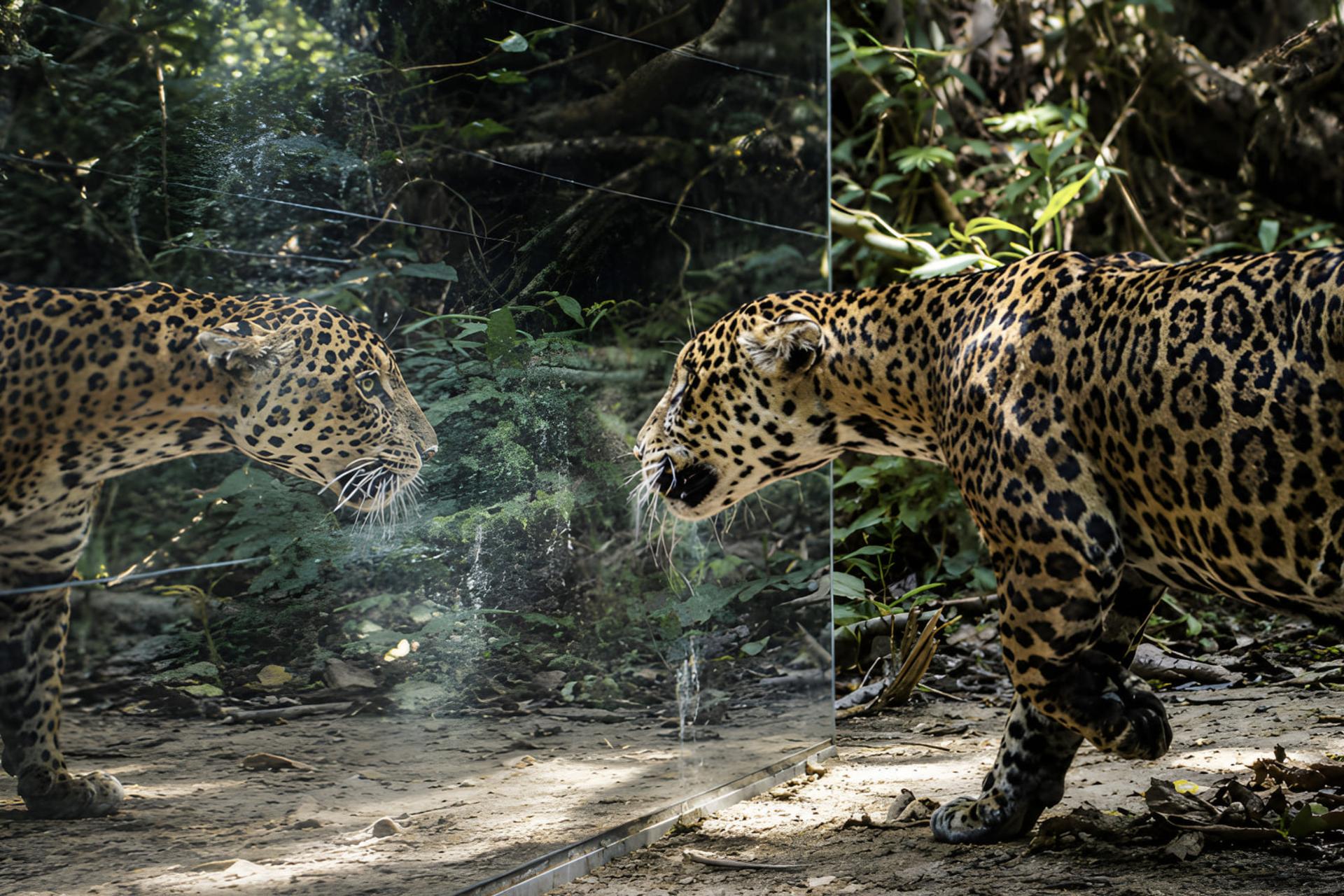 جگوار (Jaguar) در حال مشاهده تصویر خود در یک آینه بزرگ در جنگل