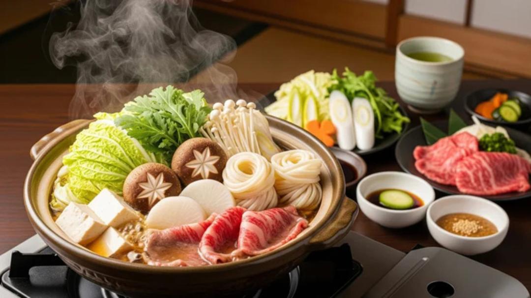 هات پات (Hot Pot) ژاپنی شامل گوشت، قارچ شیتاکه و سبزیجات تازه